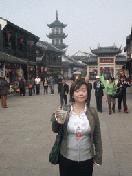 Miaomiao at Quanfu Road at the Zhouzhuang Water Town, with the back side of the main entrance gate and the Quanfu Pagoda