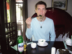 Tim having lunch at a restaurant at the Zhouzhuang Water Town