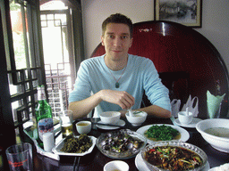 Tim having lunch at a restaurant at the Zhouzhuang Water Town