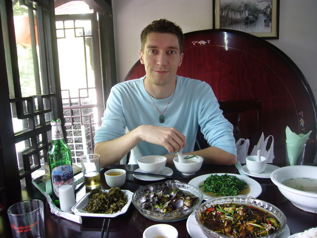 Tim having lunch at a restaurant at the Zhouzhuang Water Town