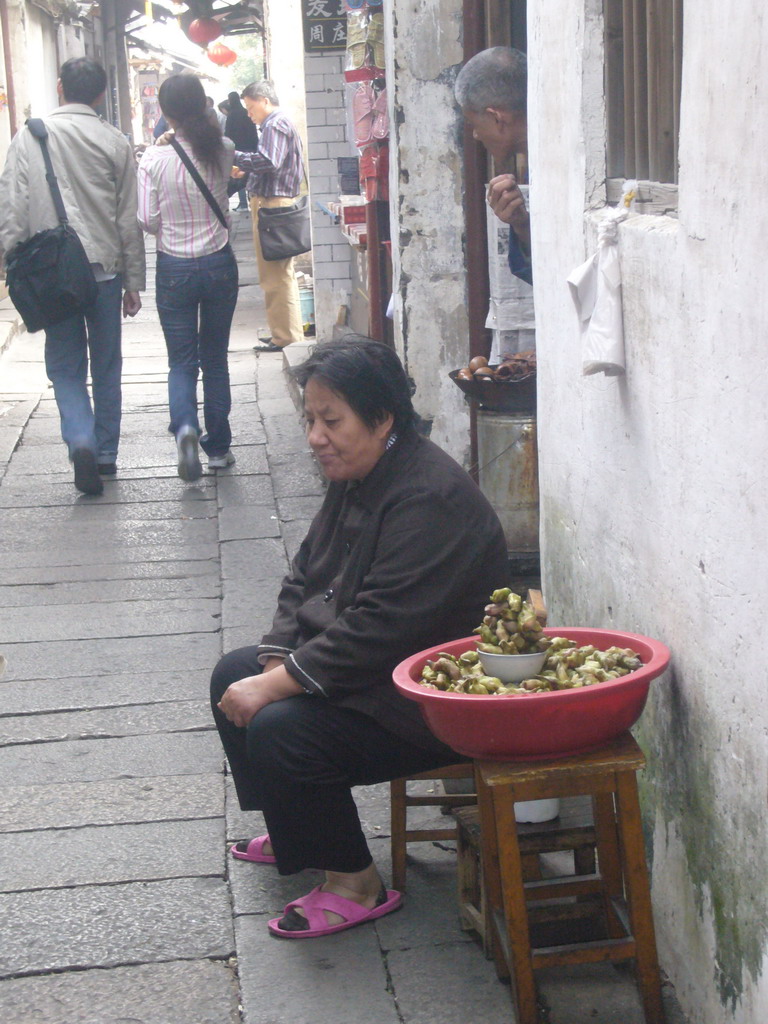 Woman selling food on a street at the Zhouzhuang Water Town