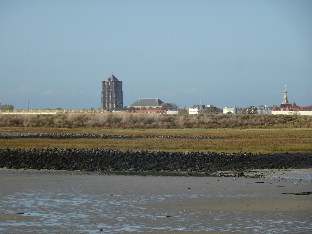 The city center with the Sint-Lievensmonstertoren tower, the Nieuwe Kerk church and the Stadhuismuseum, viewed from the Stille Strand beach