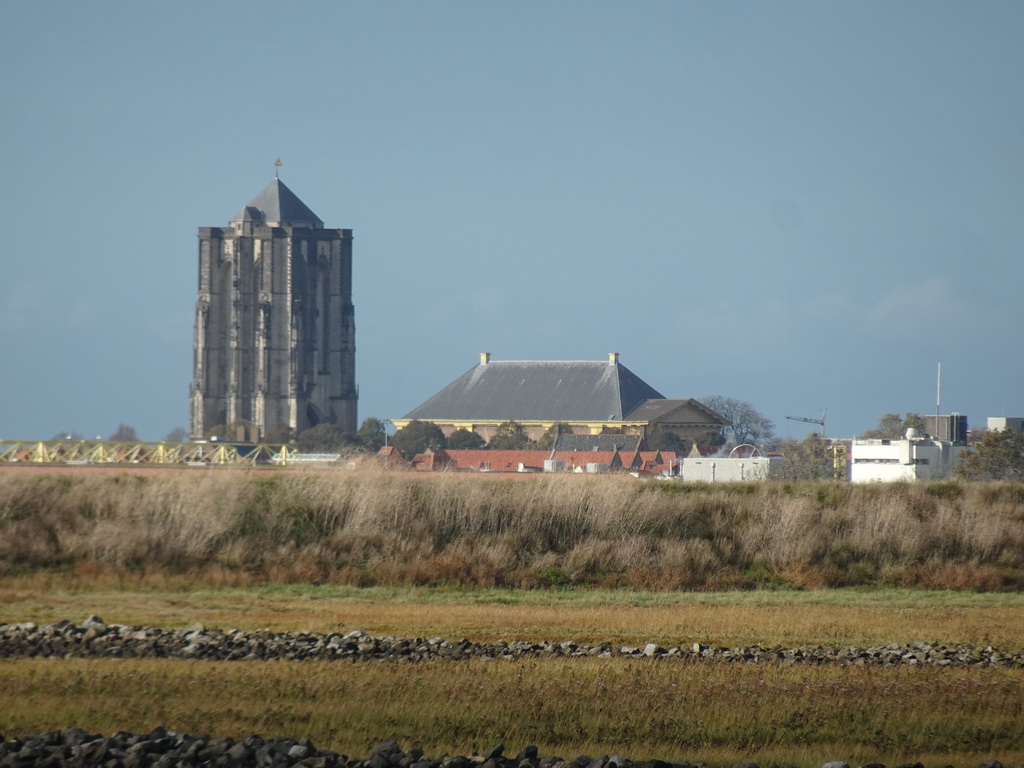 The city center with the Sint-Lievensmonstertoren tower and the Nieuwe Kerk church, viewed from the Stille Strand beach