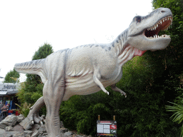 Tyrannosaurus Rex statue at the main square of Dinoland Zwolle, with explanation