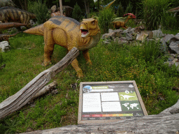 Iguanodon statue at the Cretaceous area at Dinoland Zwolle, with explanation