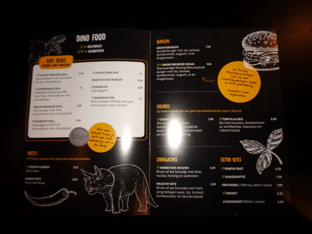 Menu at the T-Rextaurant at Dinoland Zwolle