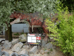 Carnotaurus statue at the Cretaceous area at Dinoland Zwolle, with explanation
